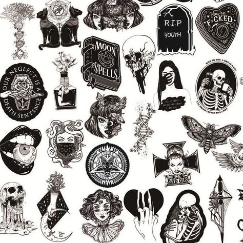 Wicca Tattoo, Punk Graffiti, Vintage Tattoo Art, Tatuagem Masculina Pequena, 4 Tattoo, Black And White Stickers, Tattoo Flash Sheet, Skull Sticker, Tattoo Flash Art