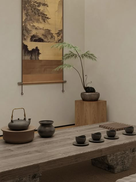 Traditional Korean Home Decor, Asian Tea Room, Japanese Zen Aesthetic, Asian Dark Academia, Wabi Sabi Plants, Chinese Tea Room, Japanese Room Decor, Tea Space, Korean Home Decor