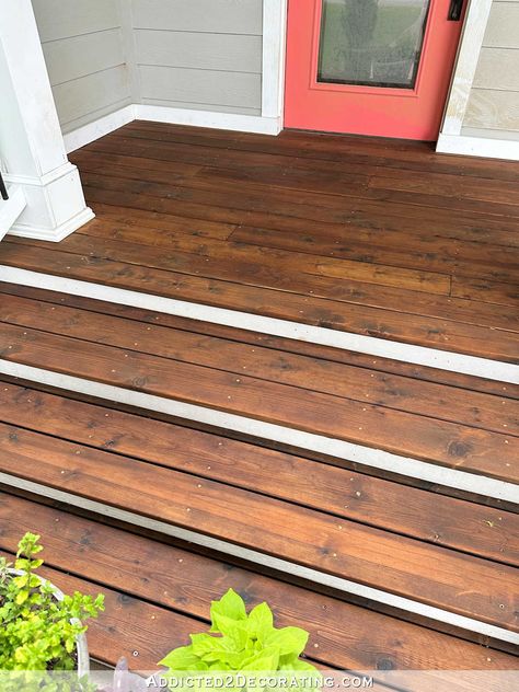 Cedar Front Porch, Cabot Australian Timber Oil, Coral Front Doors, Best Wood Stain, Cedar Stain, Front Porch Steps, Front Door Steps, Porch Wood, Floor Makeover