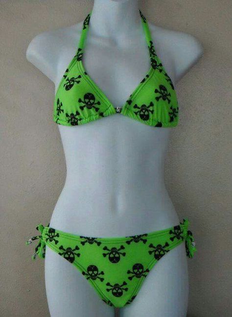 Scene Swimwear, Emo Swimwear, Green Skull, Cross Bones, Scene Fashion, Skull Fashion, Cute Bathing Suits, 2000s Fashion Outfits, Cute Bikinis