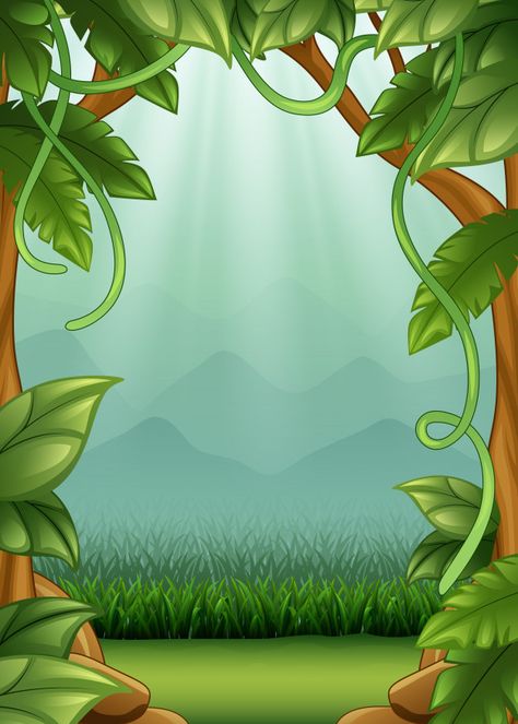 Fundo de selva com trepadeiras e montanh... | Premium Vector #Freepik #vector #fundo #quadro #arvore #madeira Jungle Border, Jungle Drawing, Jungle Cartoon, Forest Cartoon, Jungle Thema, Colorful Borders Design, Jungle Illustration, Kids Background, Powerpoint Background Design