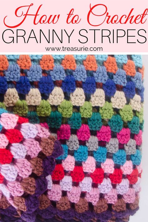 Granny Square Straight Line, Granny Square Crochet Stitch, Crochet Granny Stripe Blanket Pattern, Striped Granny Blanket, How To Change Colors In Crochet Granny Squares, Granny Afghan Crochet, Stripe Knit Blanket, Rectangle Granny Square Pattern Blankets, Granny Square Rows Patterns