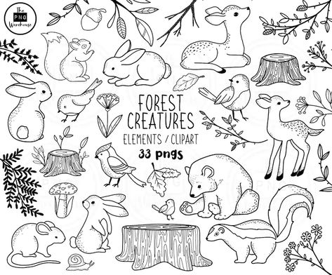 Floral Doodle, Animal Doodles, Forest Creatures, Animal Clipart, Woodland Creatures, Art Clipart, Animal Coloring Pages, Forest Animals, Digital Stamps