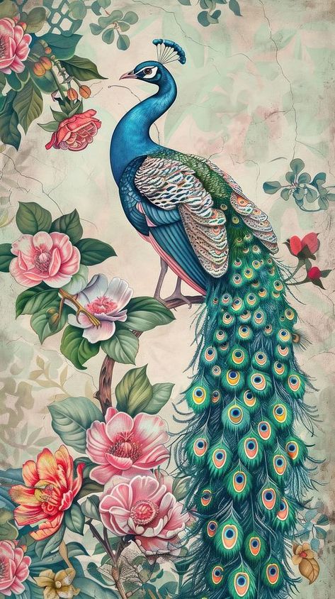 Wallpaper peacock pattern animal bird. | premium image by rawpixel.com / Tanat Chittirungsan Birds Colorful, Pichwai Art Peacock, Vintage Peacock Art, Peacock Colour Pencil Drawing, Peacock Background Design, Two Peacocks Drawing, Insects Pattern, Peacock Chinoiserie, Wallpaper Peacock