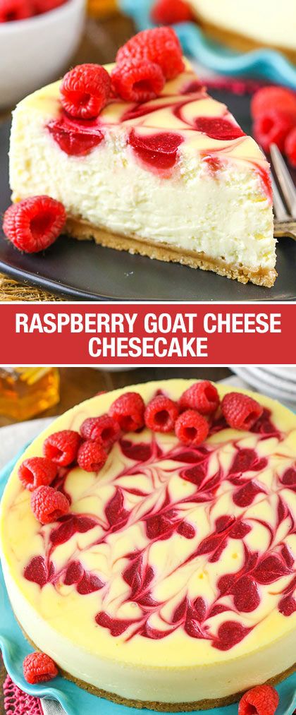 This Raspberry Goat Cheese Cheesecake is ridiculously creamy with a raspberry swirl that compliments the goat cheese + a hint of honey in the crust. #cheesecake #goatcheese #raspberry #honey Goat Cheese Cheesecake Recipe, Raspberry Baking, Goat Cheese Cheesecake, Cheesecake Raspberry, Cheesecakes Recipes, Salty Cake, Pumpkin Cake, The Goat, Savoury Cake