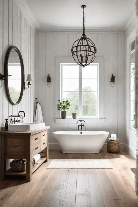 Farmhouse bathroom with wood flooring Luxury Vinyl Plank Bathroom, Modern Bathroom Flooring, Hardwood Floors In Bathroom, Bathroom Flooring Ideas, Modern Farmhouse Bathrooms, From Farmhouse To Modern, Wood Tile Bathroom Floor, Modern Farmhouse Bathroom Ideas, Wooden Bathroom Floor