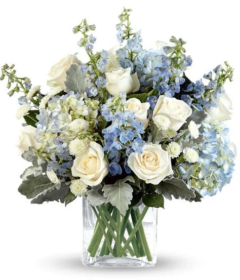 Faithful Guardian Bouquet at From You Flowers Blue Wedding Flowers Bouquet, Blue And White Garden, Blue Hydrangea Bouquet, Blue Flower Arrangements, Blue Delphinium, Rose Flower Pictures, Hydrangea Bouquet, Blue Wedding Flowers, Ivory Roses