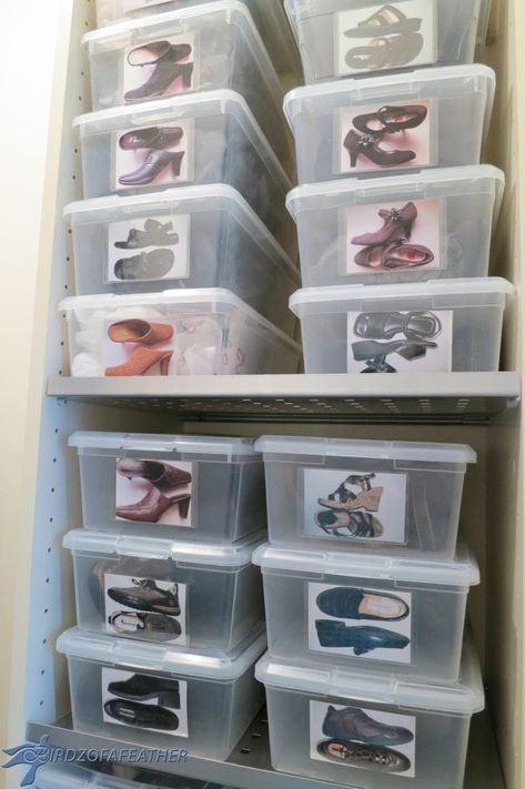 These shoe storage boxes are so neat and tidy! Pick up some plastic storage containers, self laminating cards and create this simple, but clever, shoe storage idea. Easy Closet Storage, Deep Closet, Shoe Hanger, Shoe Storage Ideas, Shoe Organization, Used Cabinets, Hanging Shoe Organizer, Professional Organizers, Shoe Storage Solutions