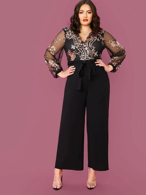 Plus Sequin Mesh Bodice Belted Palazzo Jumpsuit | SHEIN USA Dressy Tops For Wedding, Tops For Palazzo Pants, Classy Jumpsuit Outfits, Plus Size Business Attire, Grad Outfits, Palazzo Jumpsuit, Classy Jumpsuit, Gala Outfit, Fiesta Outfit