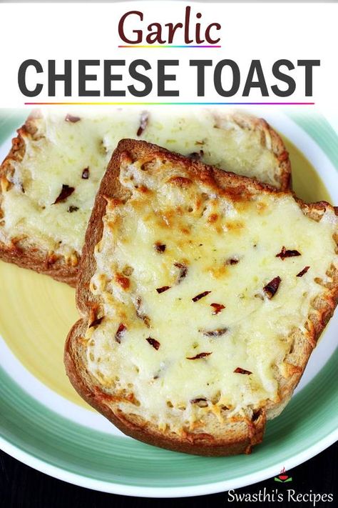 Make this garlic cheese toast for a quick snack or serve it for a meal with your soup. #cheesetoast #garliccheesetoast via @swasthi Bread And Cheese Recipes, Garlic Cheese Toast, Pizza Bites Appetizer, Easy Indian Snacks, Easy Garlic Bread Recipe, Cheese Toast Recipe, Bread Garlic, Garlic Cheese Bread, Garlic Bread Recipe