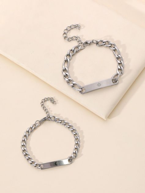 Silver Fashionable Collar  Stainless Steel   Embellished   Women's Fashion Jewelry Stainless Steel Bracelet Jewelry As Best Friend Gift, Silver Stainless Steel Couples Jewelry, Couples Jewelry Bracelets, Couples Stainless Steel Friendship-themed Jewelry, Couples' Stainless Steel Bracelets As Gifts, Silver Heart-shaped Stainless Steel Chain Bracelet, Latest Bracelets, Bracelet Couple, Moon Bracelet