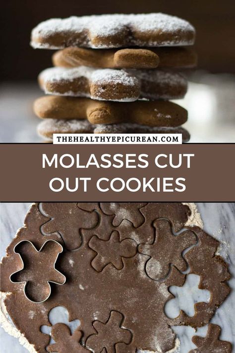 A side and overhead shot of gingerbread cut out cookies. Best Cutout Cookie Recipe, Mug Of Hot Chocolate, Easy Dessert Bars, Molasses Recipes, Christmas Cutout Cookies, Molasses Cookies Recipe, Easy Gingerbread, Cut Out Cookie Recipe, Christmas Baking Recipes