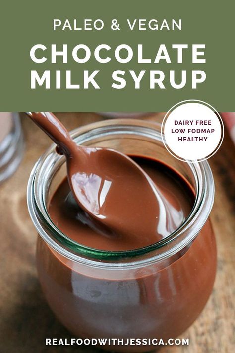 This Paleo Chocolate Milk Syrup is simple to make and so delicious. Mix with your favorite nut milk or coconut milk for a sweet treat. Dairy free, low FODMAP, vegan, and naturally sweetened. #chocolatemilksyrup #chocolatesyrup #paleo #vegan #healthy #lowfodmap  #dairyfree | realfoodwithjessica.com via @realfoodwithjessica Vegan Chocolate Syrup, Vegan Chocolate Milk, Chocolate Milk Syrup, Low Fodmap Vegan, Fodmap Vegan, Paleo Roast, Milk Syrup, Paleo Recipes Easy, Paleo Desserts