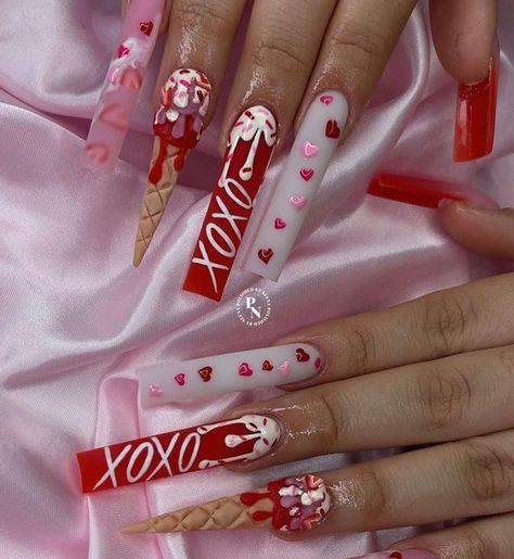 S Nails Designs, Valentines Nails Acrylic Coffin, Valentine Nails Acrylic, Nails Design Valentines, Nail Design Valentine, Valentine Nails Design, Valentine Nails Designs, Valentines Nail Art Designs, Valentines Nail