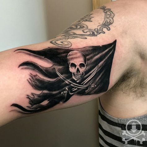 Pirate Theme Tattoo, Pirate Of Carribean Tattoo, Pirate Style Tattoos, Pirate Tattoo Ideas, Pirate Tattoo For Men, Pirate Tattoo Design, Pirate Treasure Tattoo, Blackbeard Flag Tattoo, Jolly Roger Tattoo