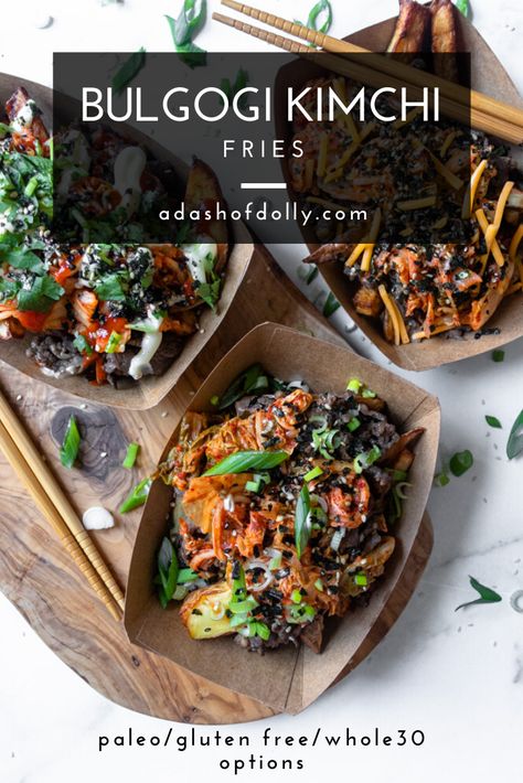 Bulgogi Kimchi Fries are the new way you’re going to have french fries! These crispy golden delicious french fries are topped with two iconic Korean dishes with toppings that bring it all together to make the perfect Asian fusion dish. Kimchi Fries, Asian Fusion Recipes, Bulgogi Recipe, Making French Fries, Korean Side Dishes, Fusion Dishes, Chinese Takeout, Fries Recipe, Korean Dishes