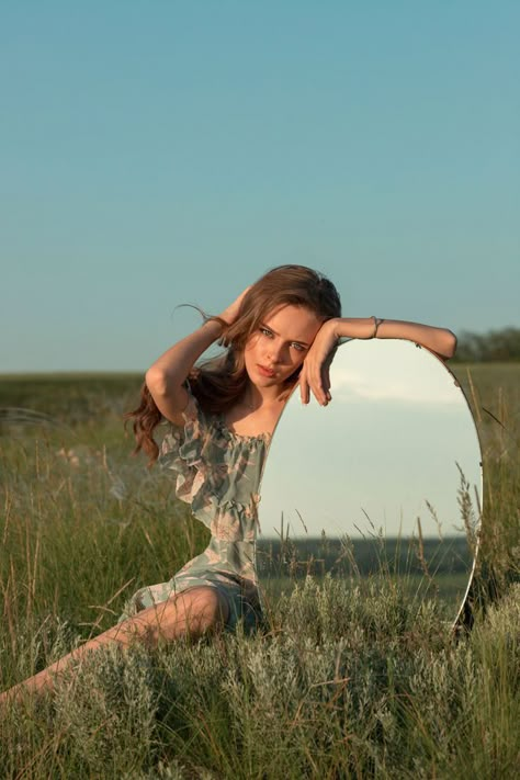 Field Mirror Photoshoot, Mirror Field Photography, Mirror In Forest, Photoshoot With Mirror, Mirror Forest, Mirror Shoot, Forest Photoshoot, Summer Senior Pictures, Surreal Photography