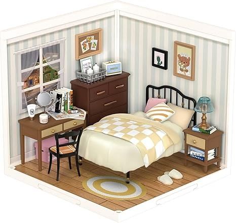 Amazon.com: ROBOTIME DIY Miniature House Kit Mini Dollhouse Building Toy Set Plastic Tiny Room Making Kit with Accessories Model Room Craft Hobby Decent Gifts (Sweet Dream Bedroom) : Toys & Games Diy Miniature House, Dollhouse Building, Tiny Room, Bedroom Scene, Mini Dollhouse, Model Room, Warm Home Decor, Accessories Model, Classic Bedroom