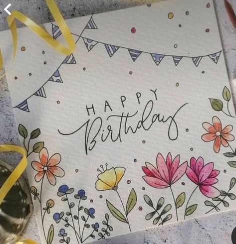 50 Birthday Card Diy, Watercolour Flower Birthday Card, 50th Anniversary Cards Handmade Diy, Watercolour Birthday Card Ideas Easy, Happy 18th Birthday Cards Diy, Happy Birthday Acrylic Painting, Diy B Day Cards, Pretty Birthday Cards Diy, Birthday Card Flowers Drawing