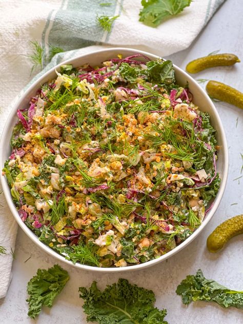 Dill Chickpea Salad, Dill Pickle Salad, Layered Salads, Pickle Salad, Gluten Free Vegan Bread, Pickled Red Cabbage, Plant Based Meal Planning, Pickled Cabbage, Layered Salad