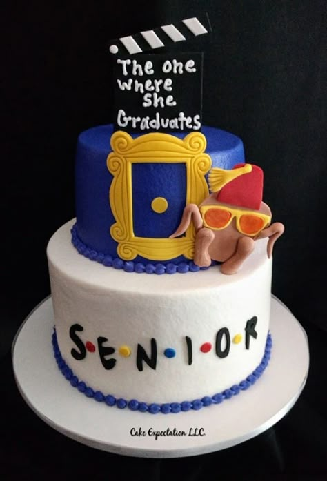 Friends Themed Graduation cake Graduation Friends Theme, The One Where She Graduates, Funny Graduation Cakes For High School, Graduation Party Cake Ideas High School, High School Grad Cake Ideas, Open House Themes Graduation, Grad Party Cake Ideas, Farewell Cake Ideas Friends, Senior Cake Ideas