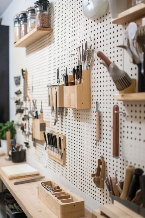 "Stay organized in style with a DIY pegboard organizer! Perfect for crafts, tools, or kitchen essentials. 🛠️✨ #DIYHomeDecor #Organization #CraftRoomIdeas" Tool Pegboard, Pegboard Craft Room, Pegboard Kitchen, Diy Pegboard, Garage Workshop Plans, Craft Fair Booth Display, Pegboard Organization, Workshop Plans, Craft Fairs Booth