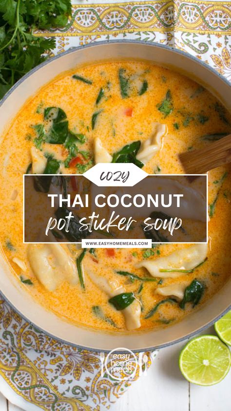 Asian Soup Coconut Milk, Thai Coconut Curry Dumpling Soup, Wonton Soup Vegetarian, Coconut Wonton Soup, Potsticker Coconut Soup, Spicy Dumpling Soup Crockpot, Thai Potsticker Soup, Soup With Potstickers, Thai Coconut Potsticker Soup