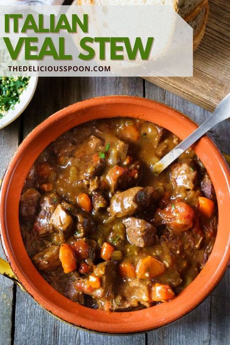 A hearty, class classic Italian veal stew recipe topped with zesty fresh gremolata. Serve this rustic veal stew recipe over a bed of polenta! #vealstew #vealrecipes #vealstewrecipes #veal #dutchovenrecipes #dutchovenstewrecipes #dutchovenstews #stewrecipes #Italianrecipes Veal Italian Recipes, Italian Pork Stew Recipes, Veal Recipes Healthy, Veal Stew Recipes Slow Cooker, Veal Stew Meat Recipes, Veal Shank Recipes, Veal Stew Recipes, Veal Chop Recipes, Veal Dishes