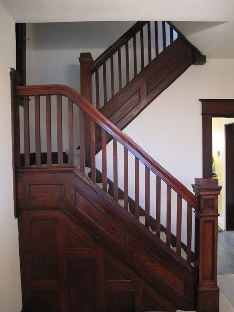 Restoring a 1912 Foursquare Home Victorian Farmhouse Staircase, Four Square Craftsman House, 1900s Staircase, Arts And Crafts Staircase, 1900 Staircase, Four Square Homes Interior, Foursquare House Interior, Cottage Staircase Ideas, Entry Way With Stairs