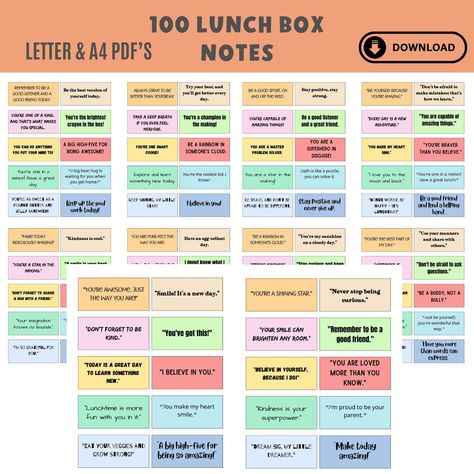 Brighten Your Child's Day with 100 Printable Lunchbox Notes! Make lunchtime a delightful surprise with our 100 Printable Lunchbox Notes for Children. These heartwarming and cheerful notes are perfect for adding a touch of love and encouragement to your little one's day. Whether you're a parent, guardian, or teacher, these notes are a fantastic way to show you care. What You'll Receive: 100 Printable Lunchbox Notes: - You'll receive a downloadable PDF file containing 100 unique and adorable lunchbox notes designed to bring smiles to your child's face. Why Choose Our Printable Lunchbox Notes: Variety for Every Day: With 100 different notes, you'll have an extensive collection to choose from. Say goodbye to the repetition and hello to daily surprises. Cute and Colorful Designs: Our notes feat Lunchbox Notes For Non Readers, Lunch Box Notes For Teens, Back To School Notes, Lunch Notes For Kids, Back To School Cards, Encouraging Lunch Box Notes For Kids, Printable Lunchbox Notes, Lunch Box Notes For Kids, Lunchbox Notes For Kids