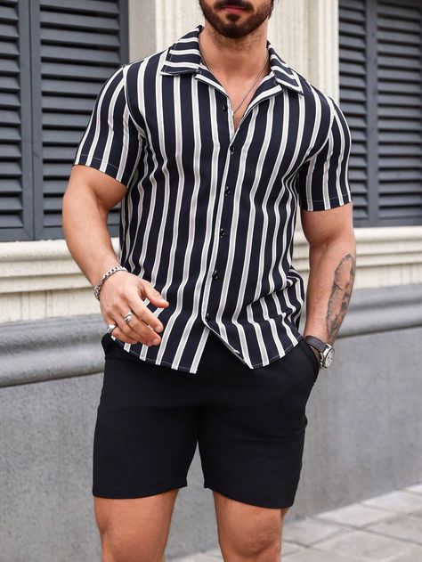 Black Casual Collar   Striped  Embellished Slight Stretch  Men Clothing Striped Short Sleeve Shirt, Slim Fit Top, Dark Jeans, Casual Stripes, Color Shorts, Casual Sets, Striped Shorts, Kids Beachwear, Mens Summer