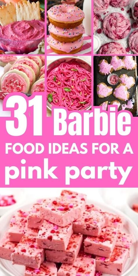 barbie food ideas for party Barbie Theme Party Food Ideas, Fun Birthday Party Food Ideas, Food For A Barbie Party, Barbie Themed Birthday Party Snacks, Pink Theme Party Food, Barbie Dinner Ideas, Barbie Snacks For Party, Food Ideas For Barbie Party, Food For Barbie Birthday Party