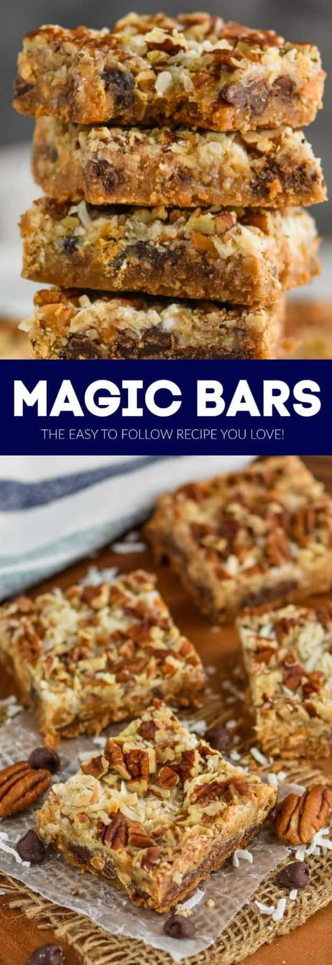 Magic Cookie Bars are the one classic treat that you must have in your recipe box. These seven layer bars are easy to make, and perfect for gifting. Blonde Recipe, Squares Recipes, Magic Bars Recipe, Seven Layer Bars, Magic Chocolate, Chocolate Bar Recipe, Bar Desserts, Popular Desserts Recipes, Magic Cookie Bars