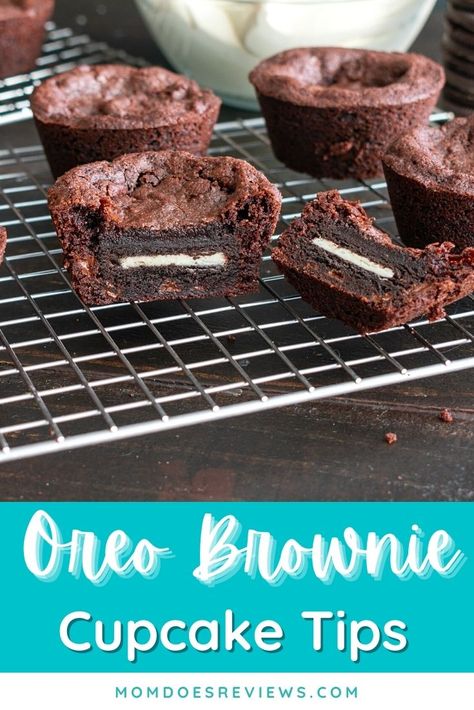 Recipe for Oreo Brownie Cupcakes Brownie With Oreo Inside, Oreo Brownie Cups, Brownies With Oreos Inside, Brownie Cupcakes From Mix Boxes, Oreo Brownie Cupcakes, Brownie Cookie Cups, Boxed Brownies Better, Oreo Cupcake Recipe, Oreo Brownies Recipe