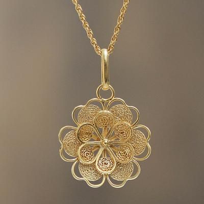 UNICEF Market | Gold Plated Silver Peruvian Filigree Flower Necklace - Yellow Rose Picture Pendant Necklace, Feminine Necklace, Filigree Jewelry, Gold Pendant Jewelry, Silver Jewels, Sterling Silver Filigree, Bridal Gold Jewellery, Silver Filigree, Simple Jewelry