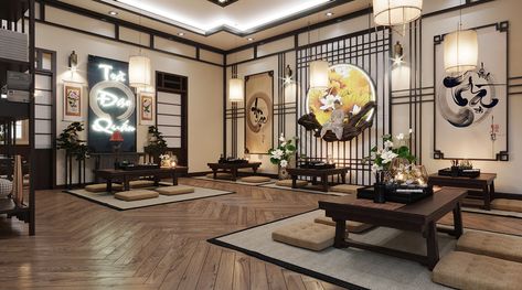 Tea House Interior, Chinese Tea Room, Meditation Room Design, Tea Room Design, Chinese Tea House, Chinese Style Interior, Japanese Restaurant Design, Chinese Interior, Tea Decor