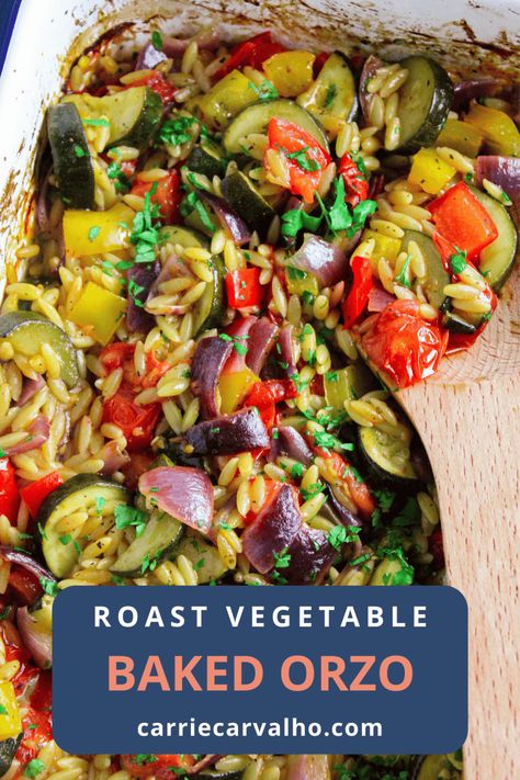 Baked Orzo with Roast Mediterranean Vegetables What To Do With Roasted Vegetables, Orzo With Zucchini And Tomato, Orzo Eggplant Recipe, Roasted Red Pepper Orzo, Vegetable And Ricotta Baked Orzo, Mediterranean Vegetable Recipes, Peppers Side Dish, Vegetable Pies, Orzo Recipes Side