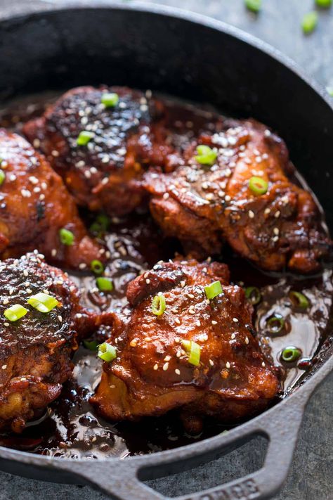 Spicy Korean Chicken Thighs in Gochujang Sauce - an intensely flavoured chicken recipe made in a cast iron pan for extra crispy, juicy thighs and a finger licking marinade! Rice With Onion Soup, Baked Chicken Thighs And Rice, Korean Chicken Thighs, Cast Iron Chicken Recipes, Chicken Thighs And Rice, Apricot Chicken Recipes, Spicy Korean Chicken, Turkey Meals, Gochujang Sauce