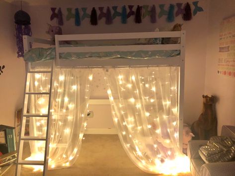 Loft Bed With Curtains Underneath, Canopy Over Loft Bed, How To Decorate Bunk Beds, Bottom Bunk Ideas, Loft Bed Canopy, Teen Loft Bedrooms, Under Loft Bed Ideas, Loft Bed With Curtains, Loft Bed Curtains