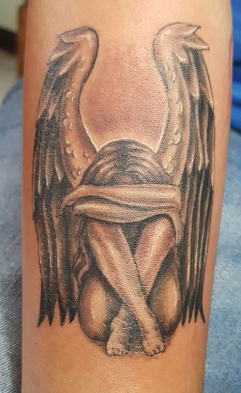 Heaven Can Wait Tattoo, Weeping Angel Tattoo Doctor Who, Crying Angel Tat, Wing Ridden Angel Tattoo, Detailed Angel Tattoo, Angel Tattoo Ideas For Women, Dainty Angel Tattoo, Gardian Angel Tattoo, Weeping Angel Tattoo