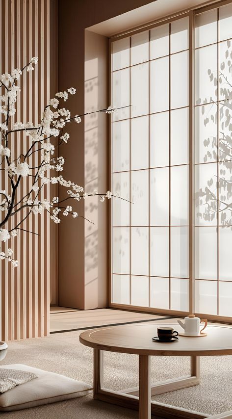 Immerse yourself in tranquility with our Japanese-inspired interior design. Natural wood and traditional shoji screens blend to create a peaceful retreat. Perfect for minimalist lovers! Save & follow us for more serene spaces. Get your art print today. #ZenSpace #MinimalistDesign #JapaneseAesthetics #InteriorInspiration #HomeDecor #imageprompt #Aiimage Japanese Blinds Shoji Screen, Japanese Paper Screen, Japanese Shoji Screen, Tea Room Interior, Serene Spaces, Shoji Screens, Japanese Steakhouse, Bollywood Theme, Shoji Screen