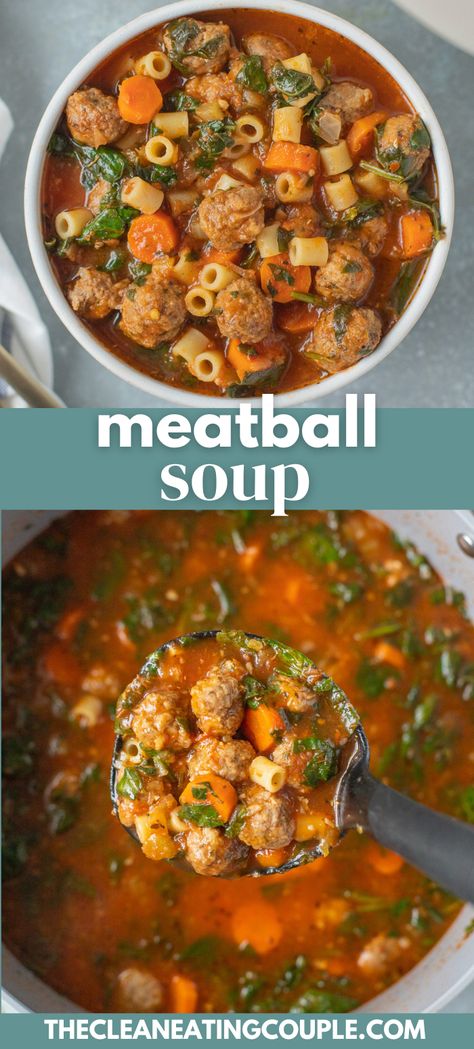 Italian Meatball Soup is filled with mini meatballs, veggies, and pasta in a rich tomato broth. Easy to make in the crockpot (slow cooker) or Instant Pot or on the stovetop and it's absolutely delicious and healthy! Easy Meatball Soup, Italian Meatball Soup, Crockpot Slow Cooker, Easy Meatball, Meatball Soup Recipes, Italian Meatball, Mini Meatballs, Healthy Beef Recipes, Easy Clean Eating Recipes