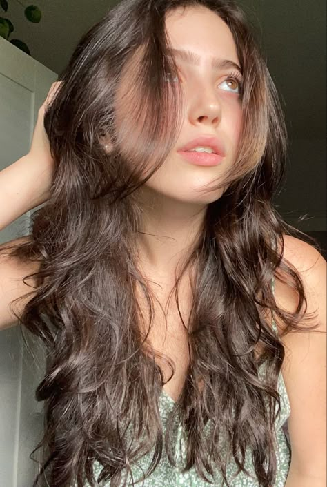 Wispy Wavy Hair, Aesthetic Wavy Haircuts, Long Wavy Hair With Face Framing Layers, Mermaid Haircut Wavy Hair, Thick Frizzy Haircut, Wavy Puffy Hair, Brown Wavy Hair Girl, Wavy Hair Long Bangs, Face Framing Layers Wavy