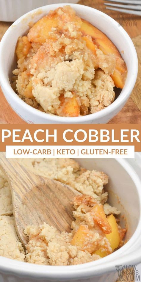 This homemade keto peach cobbler and enjoy a sweet and juicy classic recipe. With plump peaches and a crunchy topping, this is the perfect gluten-free dessert. Keto Peach Cobbler, Gluten Free Peach Cobbler, Low Carb Meals, Postre Keto, Peach Desserts, Low Carb Low Sugar, Keto Dessert Easy, Low Carb Sweets, Peach Recipe