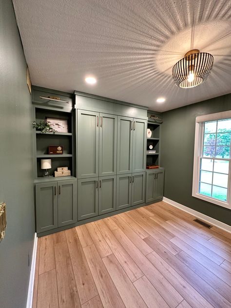 DIY Murphy Bed with Built-Ins - Newbuild Newlyweds Murphy Bed In Basement Ideas, Murphy Bed Storage Ideas, Home Office With Murphy Bed Built Ins, Nursery Murphy Bed, Wall Built Ins Bedroom, Murphy Bed Shelves, Library With Murphy Bed, Murphy Bed With Built-in Desk Ideas, Murphy Bed With Built Ins