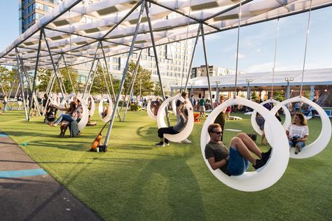 The Lawn On D Is An Adult Playground In Massachusetts With Glowing Swings Hybe Insight, Playgrounds Architecture, Adult Playground, Urban Landscape Design, Public Space Design, Playground Design, Landscape Architecture Design, Urban Park, Urban Furniture