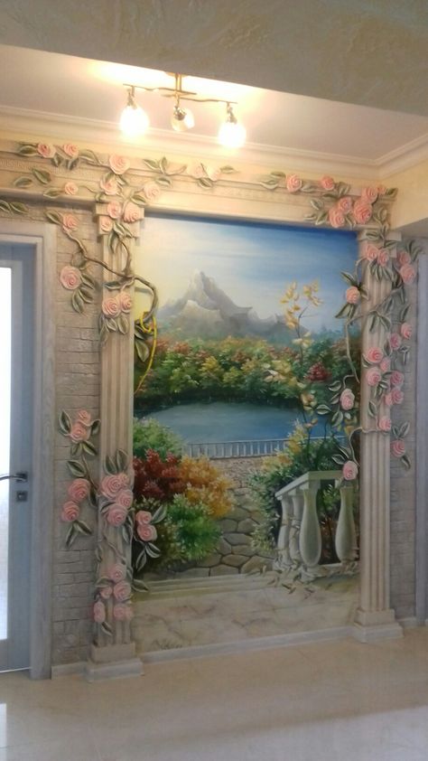 Victorian Wall Murals Painted, Fairy Garden Wall Mural, Trompe L'oeil Murals Ideas, Scenery Tiles For Wall, Castle Wall Concept Art, Peacock Wall Art, Kids Room Paint, Plaster Wall Art, 3d Wall Decor