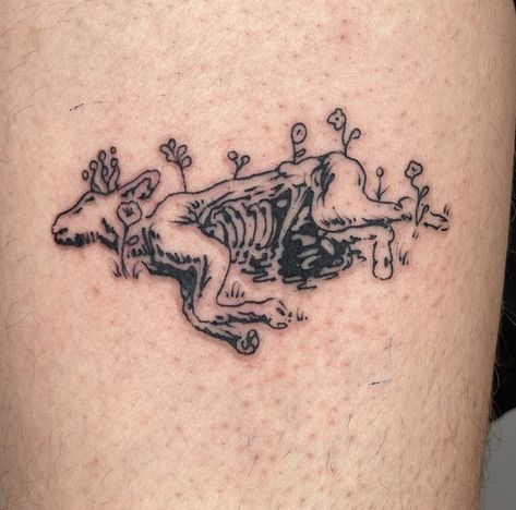 Sentiment Tattoos, Mushroom Skeleton Art, Wildlife Patchwork Tattoo, Decomposing Animal Tattoo, Girlhood Tattoo Ideas, Crywank Tattoo, Always An Angel Never A God Tattoo Boygenius, Bjork Tattoo Ideas, Roadkill Tattoo