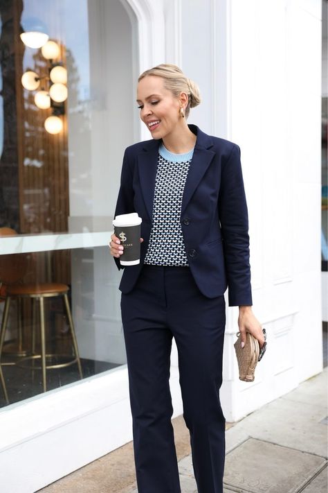 Working in Navy | Lombard & Fifth Pink And Blue Outfits, Ann Taylor Outfits, Spring Wedding Guest Attire, Ann Taylor Outfit, Spring Workwear, Taylor Outfits, Blue Outfits, Coat Trends, Outfits To Wear