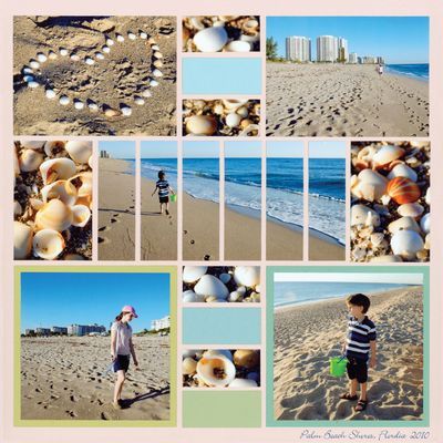 Good way to get a lot of different pictures into one page Amber Cove, Scrapbook Beach, Pink Grid, Beach Scrapbook, Mosaic Moments, Beach Scrapbook Layouts, Cruise Scrapbook, Vacation Scrapbook, Summer Scrapbook